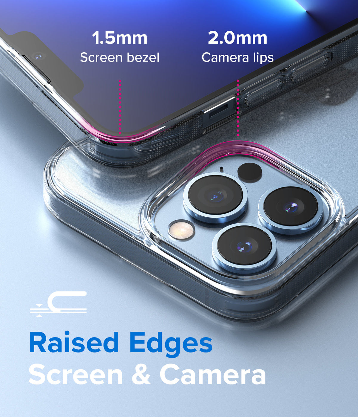 iPhone 13 Pro Case | Fusion - Close-up of phone case highlighting 1.5mm screen bezel and 2.0mm raised camera lips.