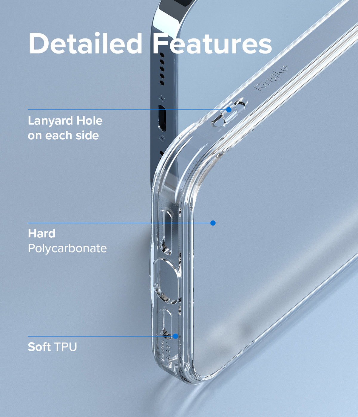 iPhone 13 Pro Case | Fusion - Close-up of clear phone case showing lanyard holes, hard polycarbonate back, and soft TPU frame.