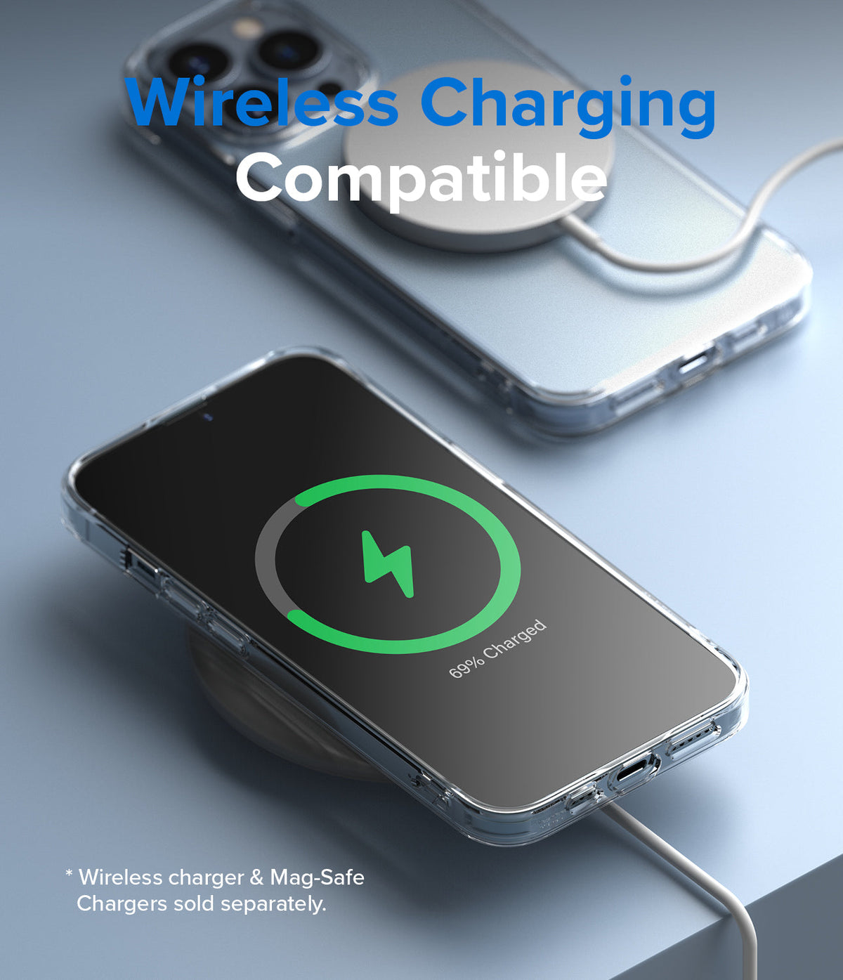 iPhone 13 Pro Case | Fusion - Clear phone case on a wireless charger showing a green charging icon on the screen.