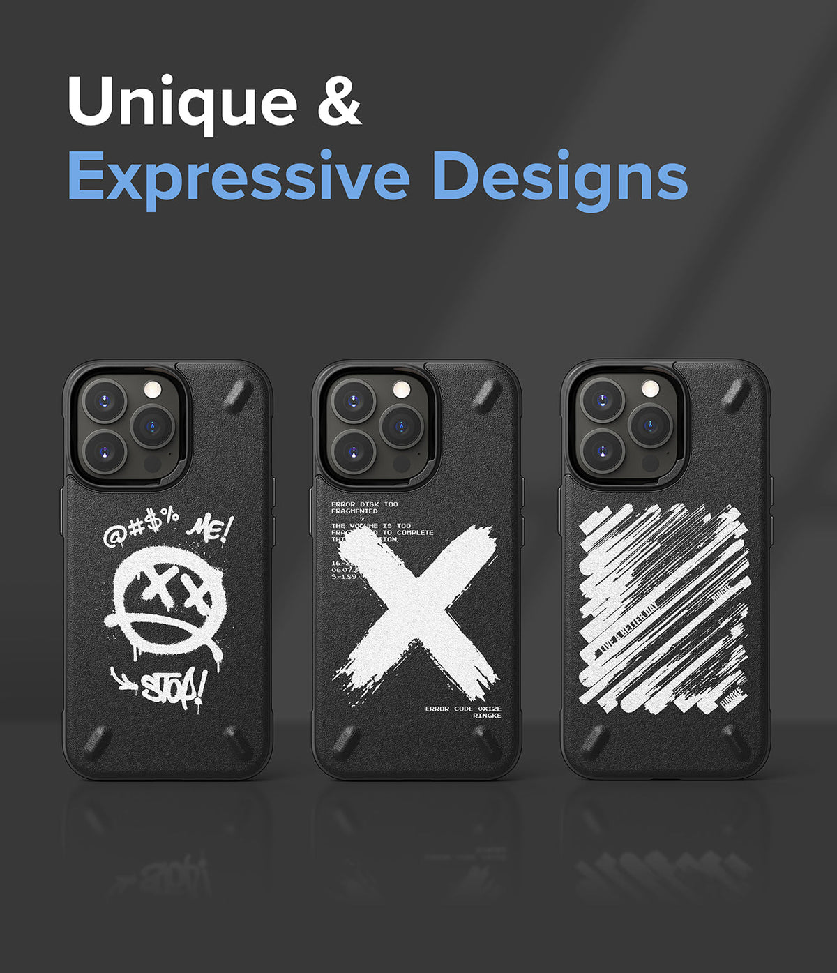 iPhone 13 Pro Case | Onyx Design - Three black iPhone 13 Pro cases with unique white graphic prints against a dark background.