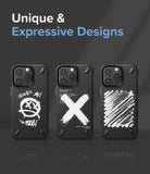 iPhone 13 Pro Case | Onyx Design - Three black iPhone 13 Pro cases with unique white graphic prints against a dark background.