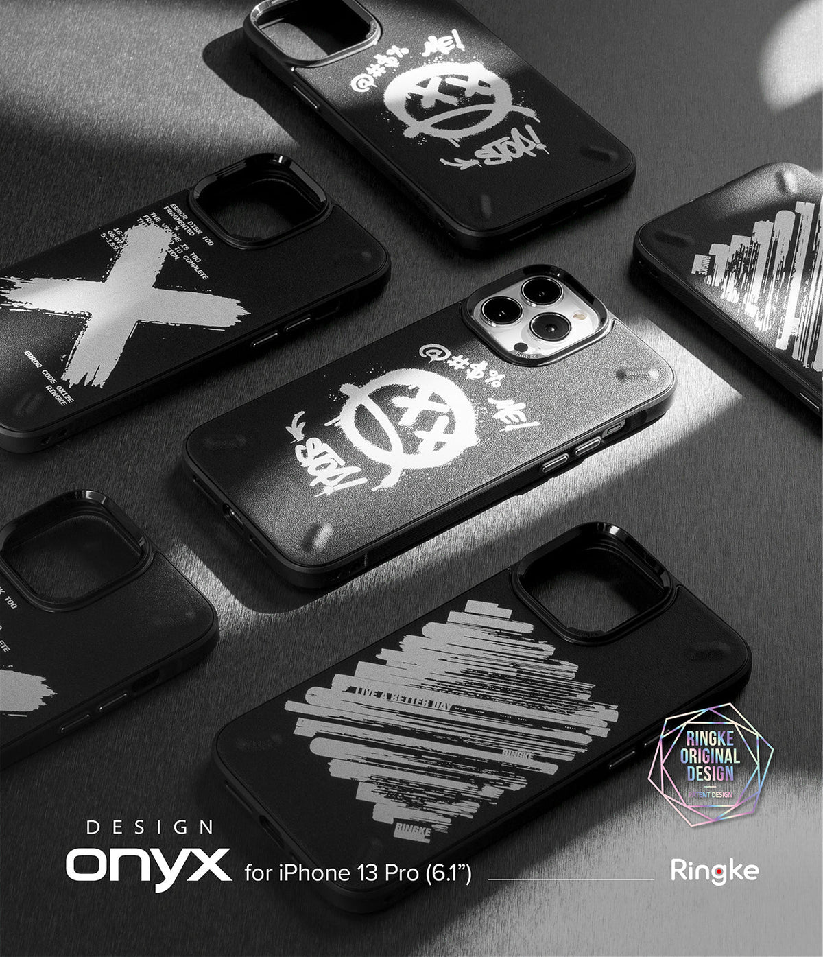 iPhone 13 Pro Case | Onyx Design - Multiple black iPhone 13 Pro cases with white graffiti and abstract graphic designs on a dark surface.