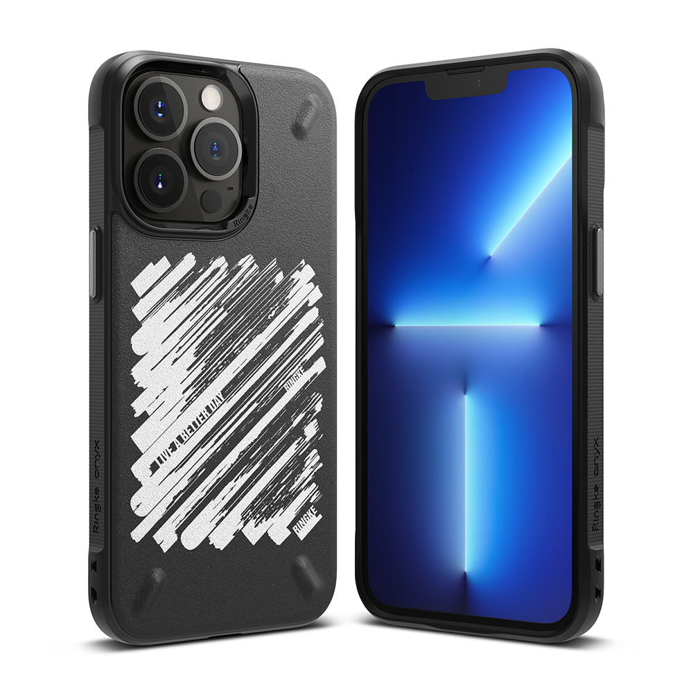iPhone 13 Pro Case | Onyx Design - Black phone case with white diagonal brush stroke pattern and text on a white background.