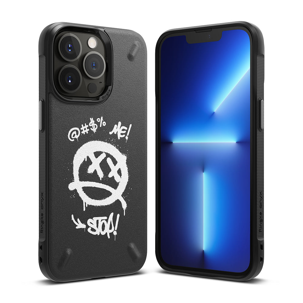 iPhone 13 Pro Case | Onyx Design - Black phone case with white graffiti-style smiley face and text on back, shown with phone front.