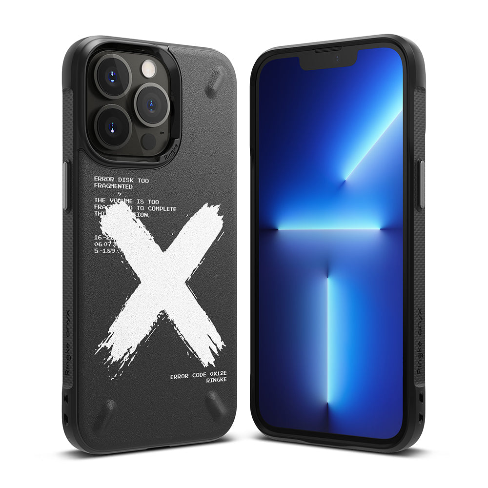 iPhone 13 Pro Case | Onyx Design - Black phone case with white X graphic and text on back, shown from front and back.