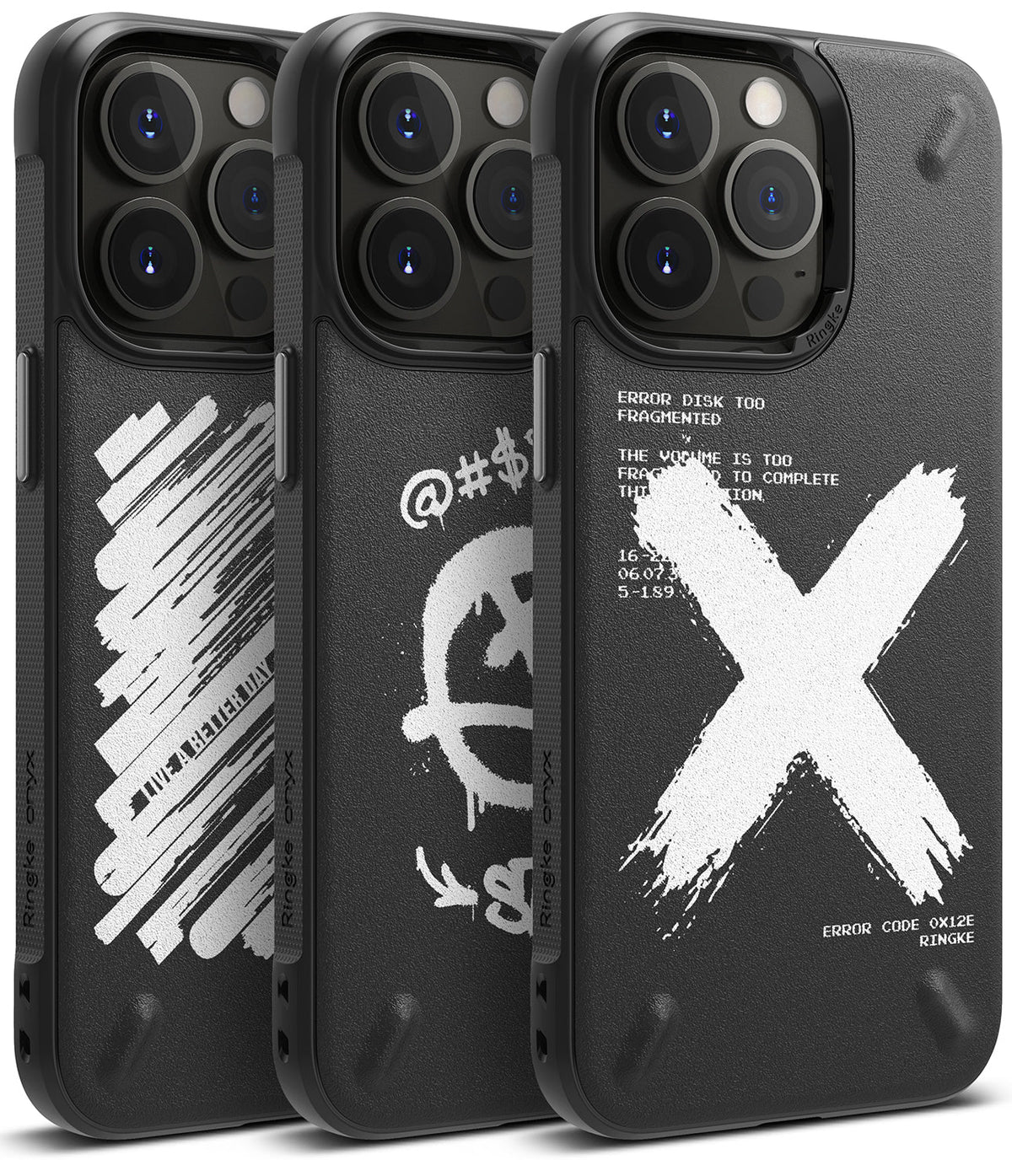 iPhone 13 Pro Case | Onyx Design - Three black phone cases with distinct white graphic prints and textured surfaces.
