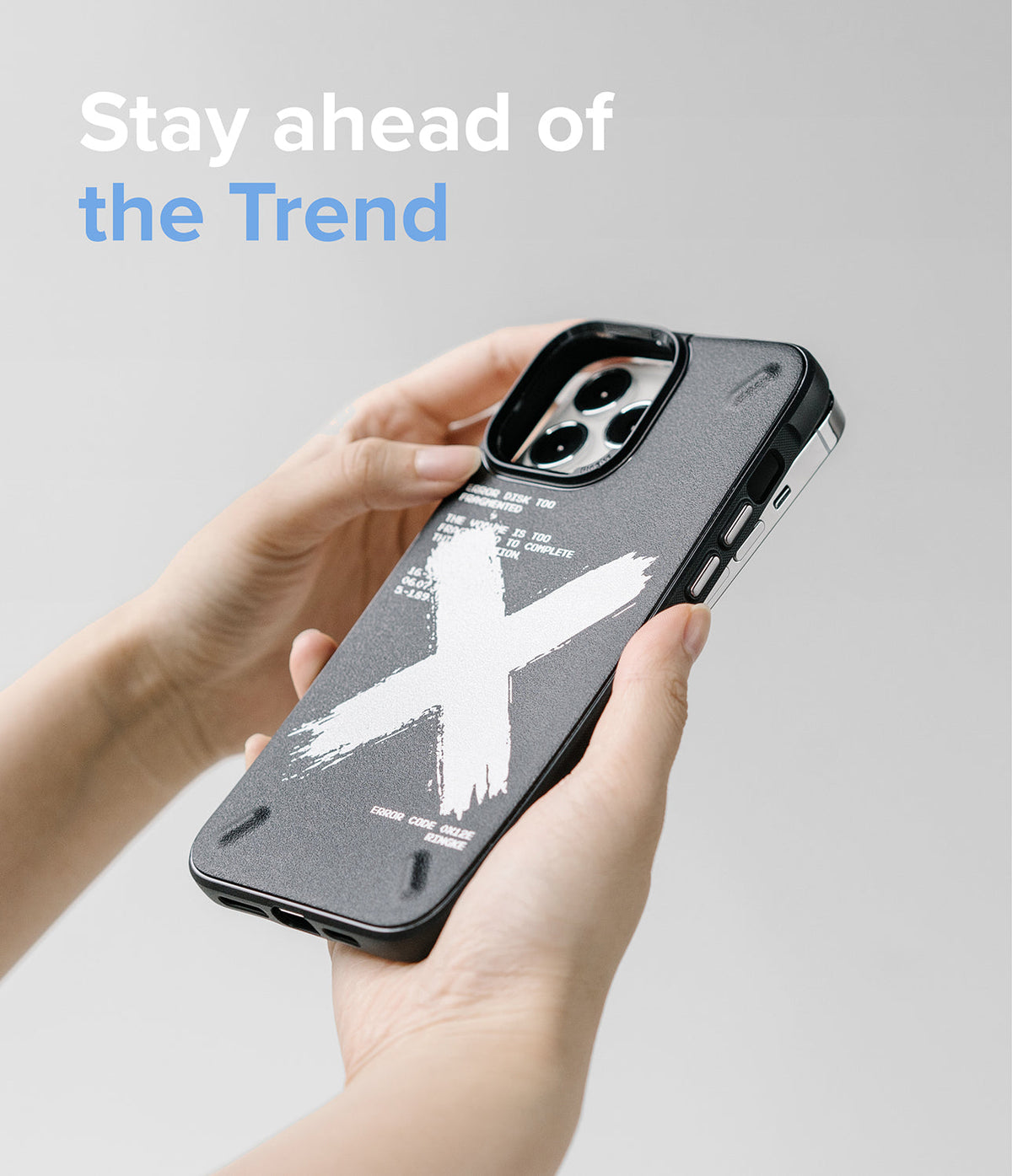 iPhone 13 Pro Case | Onyx Design - Hands holding a black phone case with a large white X graphic and text.