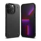 iPhone 13 Pro Case | Onyx - Matte black textured phone case shown from back and front angles with a purple screen display.