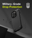 iPhone 13 Pro Case | Onyx - Textured black phone case with military-grade drop protection badge on a dark background.
