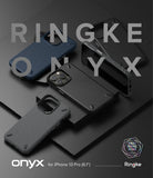 iPhone 13 Pro Case | Onyx - Several textured black and blue protective phone cases arranged on a dark, layered surface.
