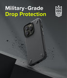iPhone 13 Pro Case | Onyx - Black phone case with textured back and military-grade drop protection badge on grey background.