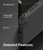 iPhone 13 Pro Case | Onyx - Close-up of black phone case highlighting non-slip texture, lanyard holes, and soft TPU material.
