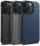 iPhone 13 Pro Case | Onyx - Three textured smartphone cases in black, gray, and navy blue with triple-lens camera cutouts.