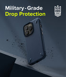 iPhone 13 Pro Case | Onyx - Dark blue phone case with military-grade drop protection badge against a textured background.