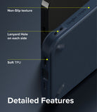 iPhone 13 Pro Case | Onyx - Close-up of navy phone case highlighting non-slip texture, lanyard holes, and soft TPU material.
