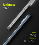 iPhone 13 Pro Case | Slim - Side profile of a thin blue phone case showing buttons, weight of 15.1g, and 0.027 inch thickness.
