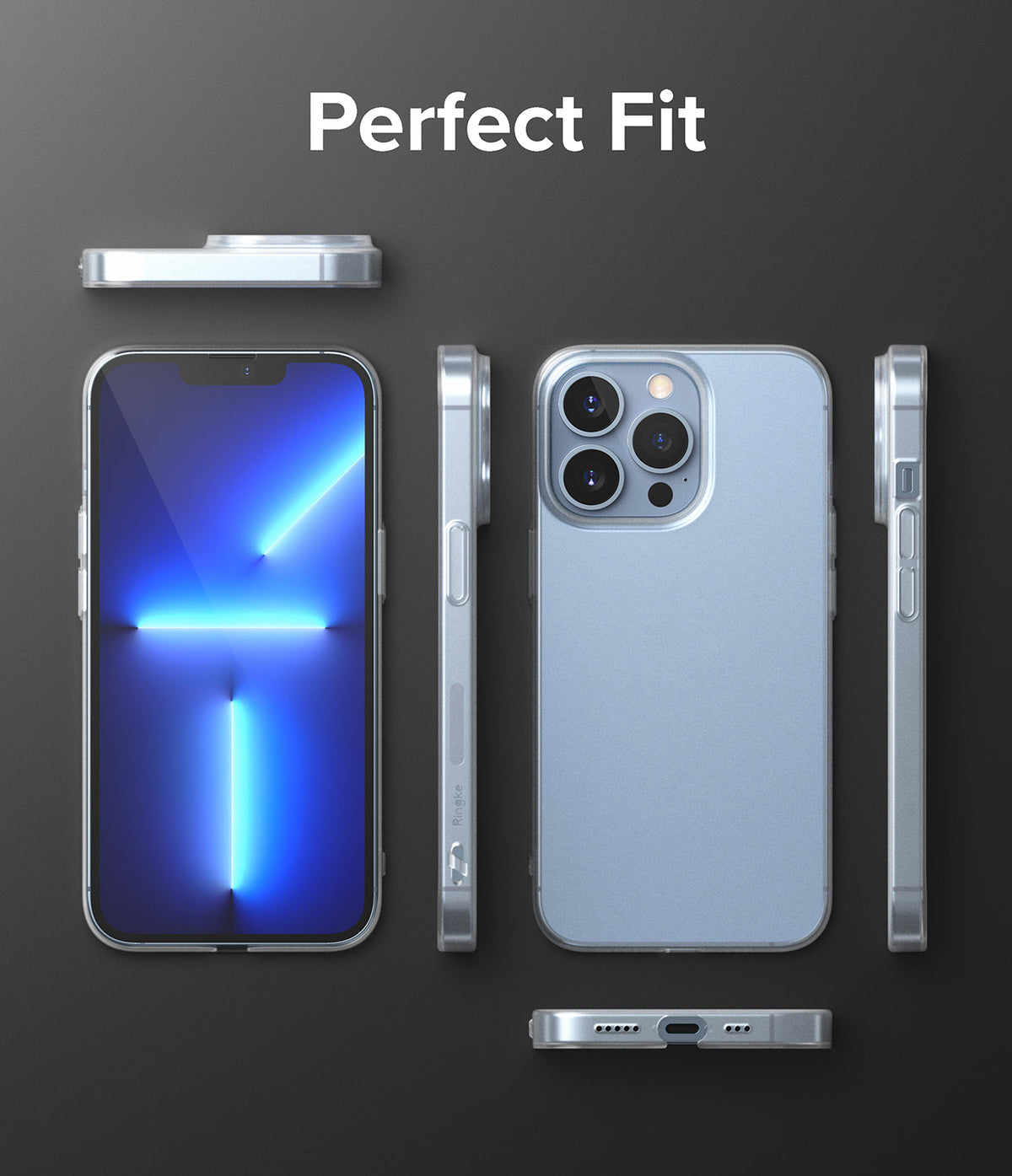 iPhone 13 Pro Case | Slim - Multiple views of a slim, light blue iPhone 13 Pro case on a dark background with text Perfect Fit.