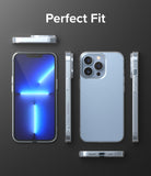 iPhone 13 Pro Case | Slim - Multiple views of a slim, light blue iPhone 13 Pro case on a dark background with text Perfect Fit.