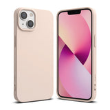 iPhone 13 Case | Air-S - Matte beige iPhone 13 case shown from back and front with a pink abstract wallpaper on the screen.