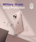 iPhone 13 Case | Air - Clear iPhone 13 case on a dusty pink background with military-grade drop protection text and badge.