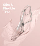 iPhone 13 Case | Air - A clear, glittery phone case wrapped in flowing pink fabric against a soft pink background.