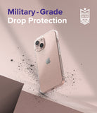 iPhone 13 Case | Air - Glittery clear iPhone 13 case floating above a surface with debris, featuring military-grade protection text.
