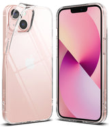 iPhone 13 Case | Air - Clear protective case shown on the front and back of a pink iPhone 13 against a white background.