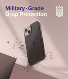 iPhone 13 Case | Air - Transparent phone case floating above debris with Military-Grade Drop Protection text and badge.