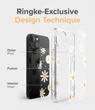 iPhone 13 Case | Fusion Design - Diagram showing layers of a daisy-patterned phone case: outer print, fusion, and interior.