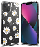 iPhone 13 Case | Fusion Design - Clear phone case with white daisy pattern and yellow dots on the back, shown from front and back.