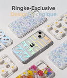 iPhone 13 Case | Fusion Design - Multiple clear phone cases with floral and holographic text designs arranged on a white surface.