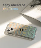 iPhone 13 Case | Fusion Design - Clear phone case with colorful, layered typography on a white surface with soft sunlight.