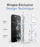 iPhone 13 Case | Fusion Design - Exploded view of a floral phone case showing outer print, fusion layer, and interior inner layers.