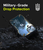 iPhone 13 Case | Fusion-X - Rugged phone case on dark, rocky ground with military-grade drop protection text and badge.