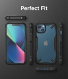 iPhone 13 Case | Fusion-X - Multiple views of a black rugged phone case showing front, back, and side profiles on a dark background.