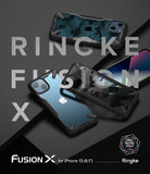 iPhone 13 Case | Fusion-X - Three iPhone 13 cases with camo and clear designs arranged on a dark, textured surface with branding.