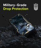 iPhone 13 Case | Fusion-X - Camouflage phone case with military-grade drop protection floating over dark, rocky terrain.