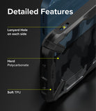 iPhone 13 Case | Fusion-X - Diagram highlighting lanyard holes, hard polycarbonate, and soft TPU features on a phone case.