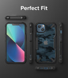 iPhone 13 Case | Fusion-X - Multi-angle view of a rugged blue camo phone case on an iPhone 13 against a dark gray background.