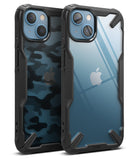 iPhone 13 Case | Fusion-X - Two blue iPhone 13s in clear and camo-patterned rugged black protective cases.