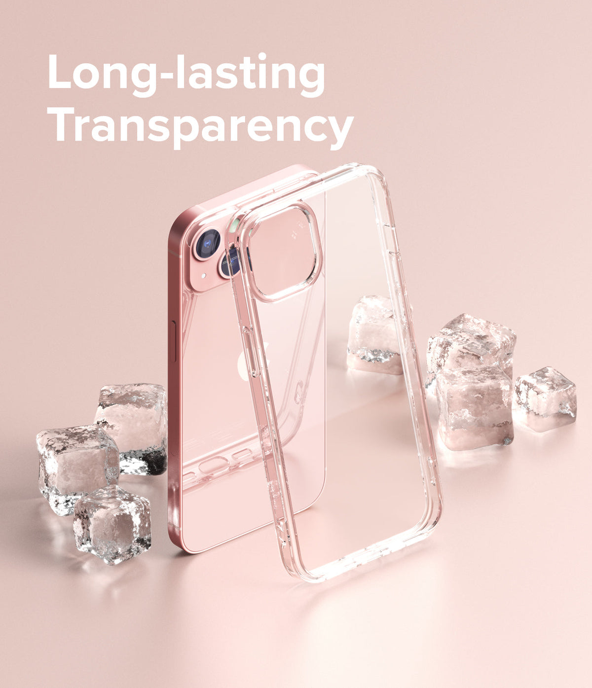 iPhone 13 Mini Case | Fusion - Clear phone case next to a pink iPhone 13 Mini surrounded by ice cubes on a pink background.