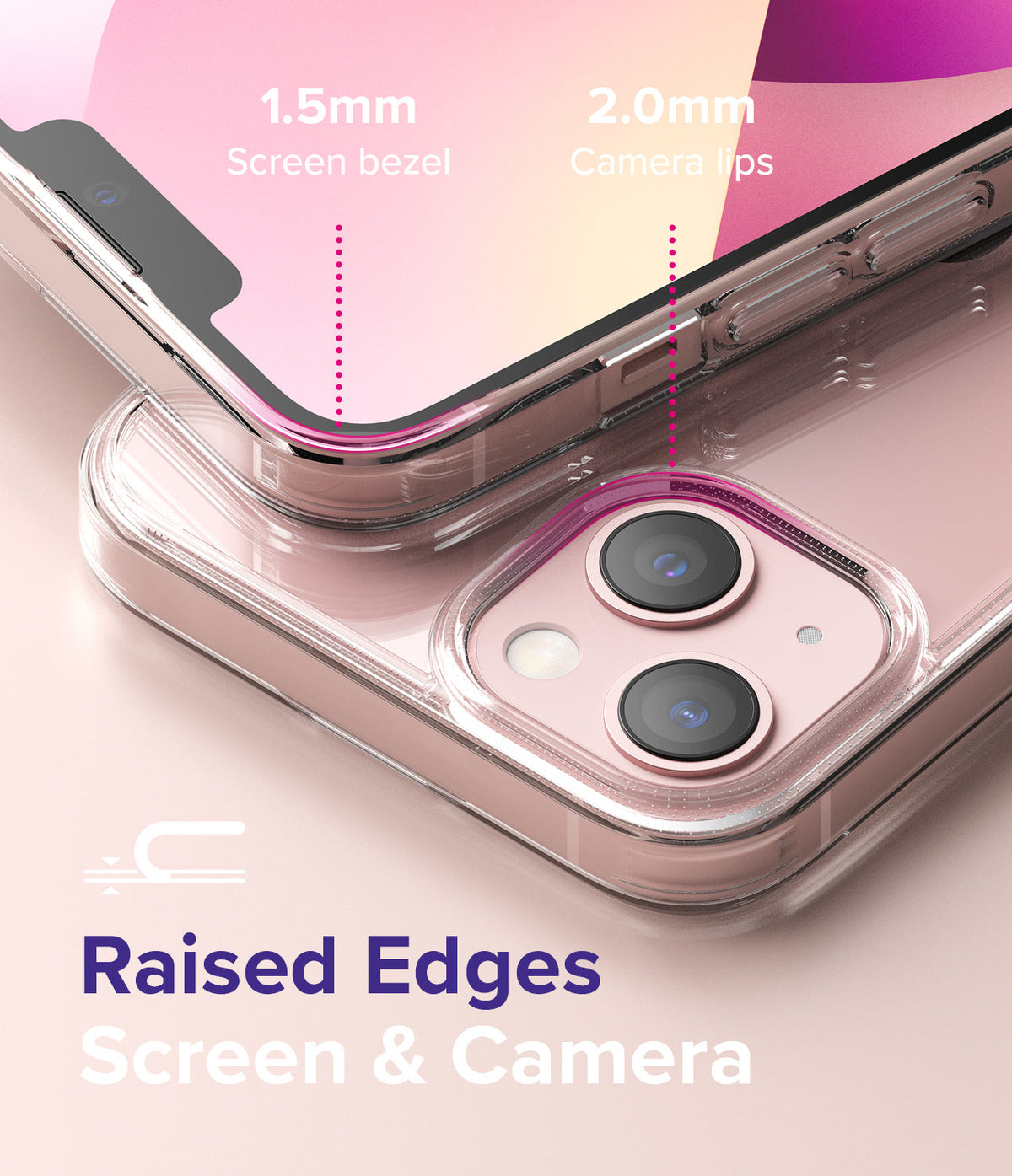 iPhone 13 Mini Case | Fusion - Clear case showing 1.5mm screen bezel and 2.0mm camera lips for raised edge protection.