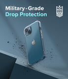 iPhone 13 Case | Fusion - Clear phone case on a blue iPhone 13 with military-grade drop protection text and badge.