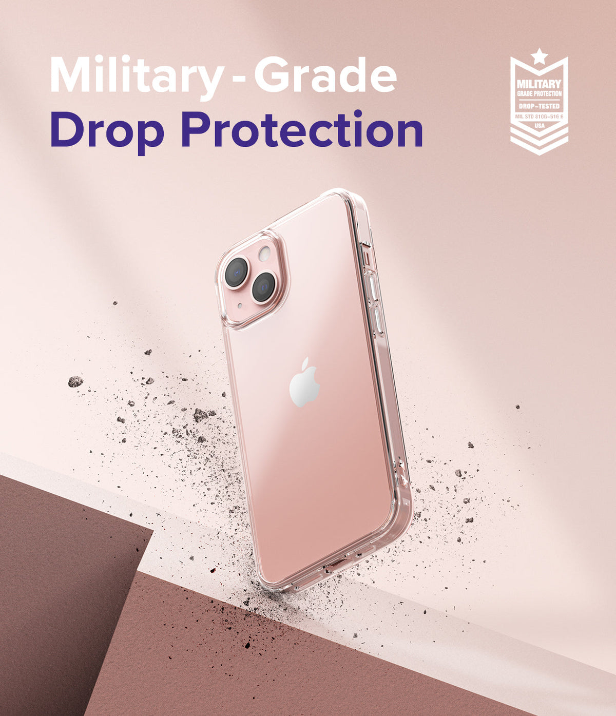 iPhone 13 Mini Case | Fusion - Clear phone case on a pink background with debris and a military-grade protection badge.