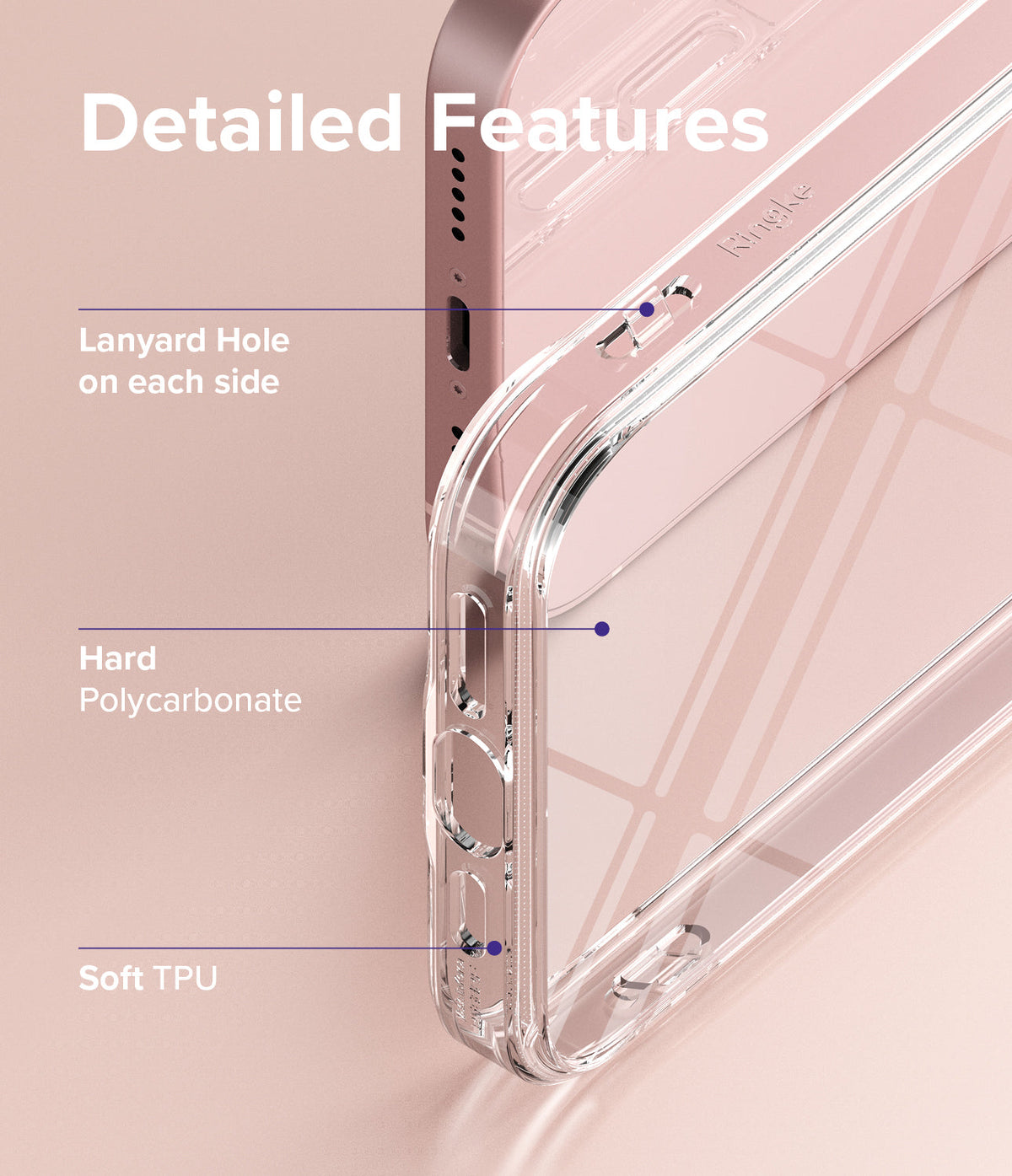 iPhone 13 Mini Case | Fusion - Close-up of a clear phone case highlighting lanyard holes, polycarbonate, and TPU materials.