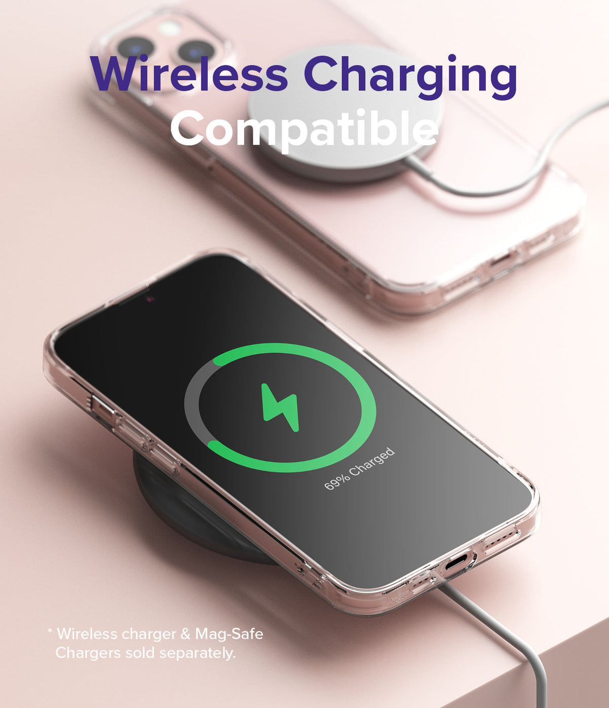 iPhone 13 Mini Case | Fusion - Clear phone case on a wireless charger showing a green charging icon on the screen.