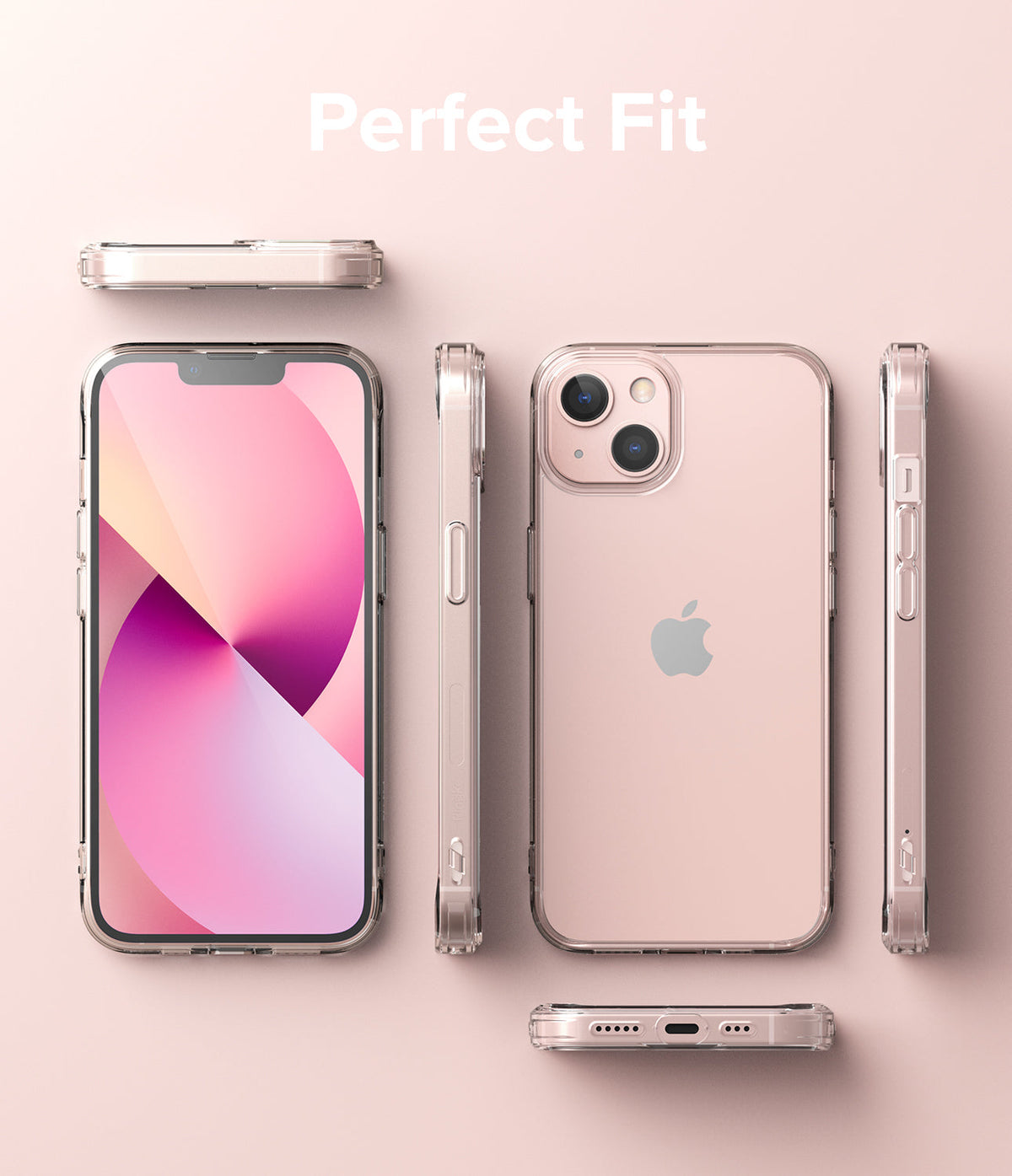 iPhone 13 Mini Case | Fusion - Multiple views of a pink iPhone 13 Mini in a clear protective case on a pink background.