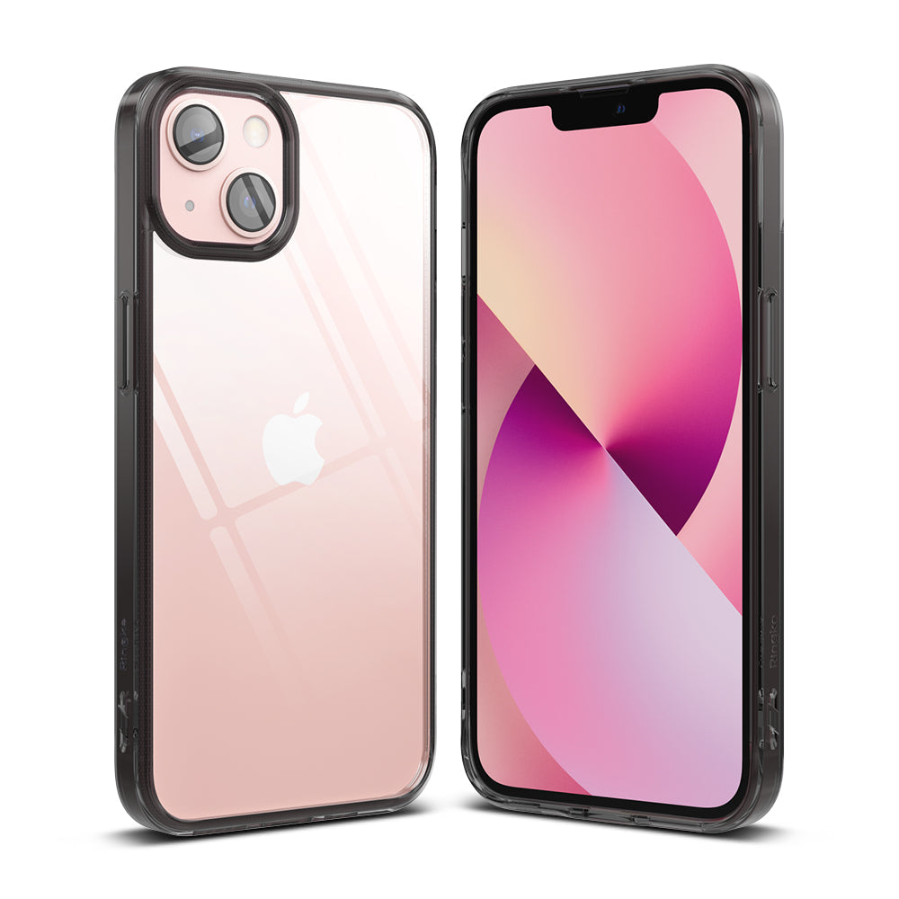 iPhone 13 Mini Case | Fusion - Pink iPhone 13 Mini in a clear protective case with a black bumper, shown from front and back.