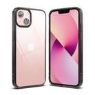 iPhone 13 Mini Case | Fusion - Pink iPhone 13 Mini in a clear protective case with a black bumper, shown from front and back.