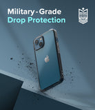 iPhone 13 Case | Fusion - Clear iPhone 13 case floating against a blue background with debris and military-grade protection badge.